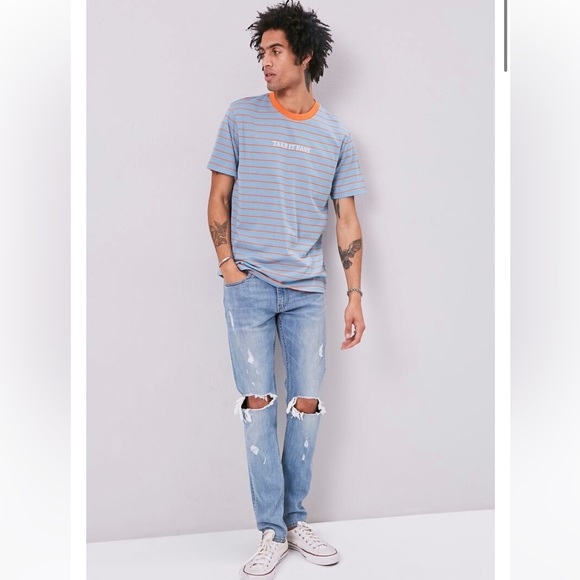 Forever 21 Men Take It Easy Embroidered Graphic Striped Crewneck Tee Orange/Blue - Picture 4 of 9